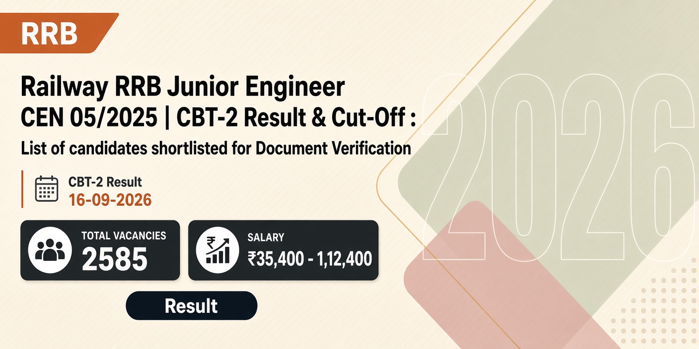 Railway RRB Junior Engineer CEN 05/2025 | CBT 2 Result & Cut Off : List of candidates shortlisted for Document Verification